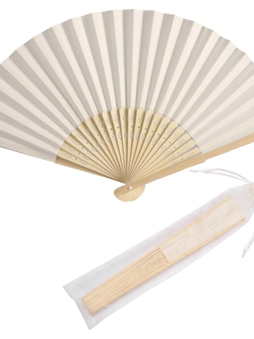 50pcs Paper Hand Fan with Organza Bags Bamboo Handheld Folding Fans DIY Decorati